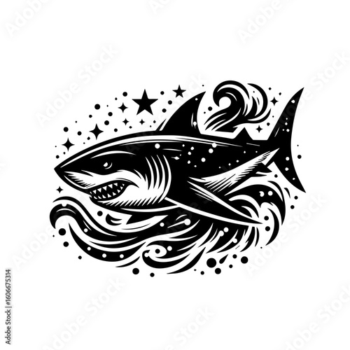 A monochrome shark swims among stars and waves, isolated on white background