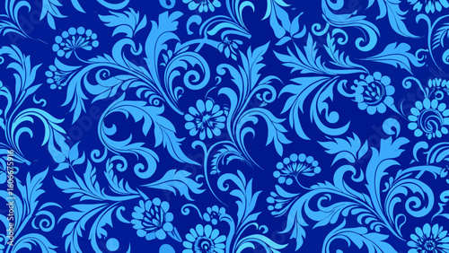 Seamless blue knitted fabric textured wallpapers with a patterns of curls and floral elements for textile wallpapers, books cover, Digital interfaces, artistic, curl, damask, elegant, ethnic, graphic,