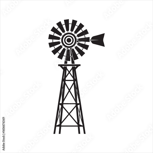 Farm windmill icon, classic American windpump silhouette. Rural agriculture and water pump vector graphic for country logo design.
