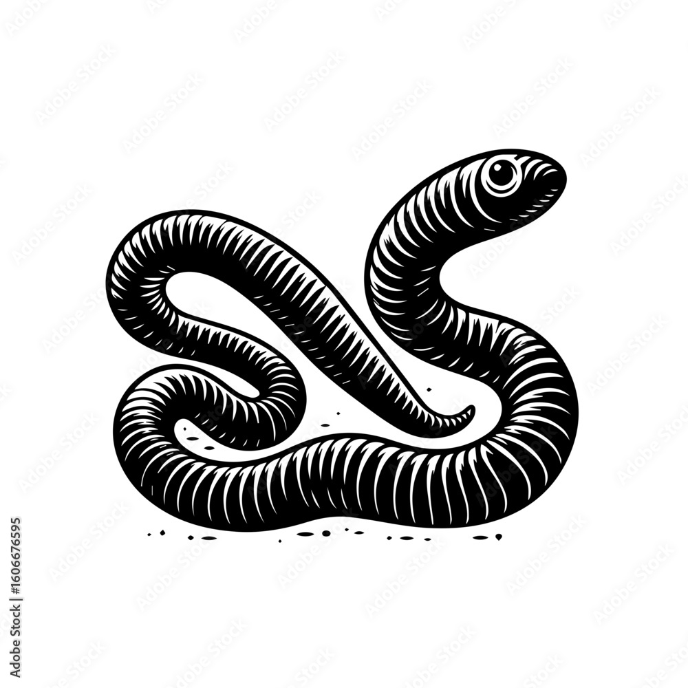 Fototapeta premium An earthworm crawling isolated on white background in black and white