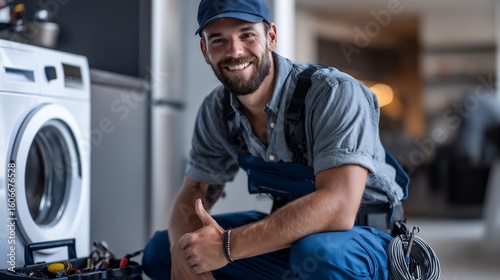 Smiling repairman giving thumbs up after fixing a washing machine at home