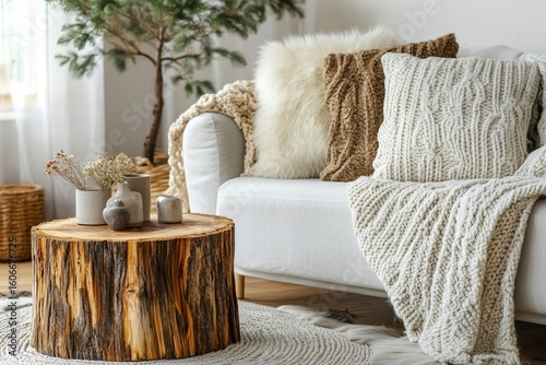 Tree stump coffee table placed near a white sofa with fur pillows and woolen knitted blankets. Scandinavian, minimalist home interior design for a modern living room, Generative AI