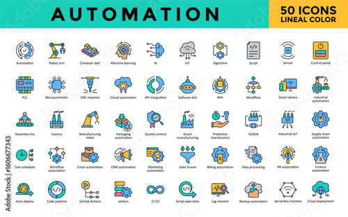 Automation icons set with automation, robot arm, conveyor belt, machine learning, ai, iot, algorithm, script, sensor, control panel icon. Simple lineal color vector 
