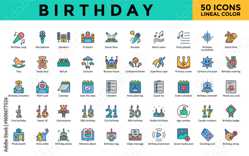 Birthday icons set with birthday song, microphone, speakers, dj booth, dance floor, karaoke, music notes, party playlist, birthday countdown, game time icon. Simple lineal color vector 
