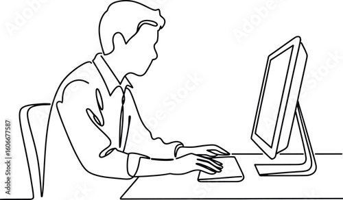 Man working on computer in simple line drawing style