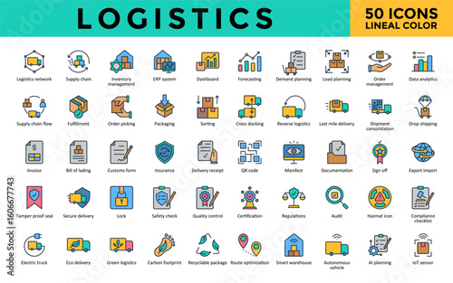 Logistics icons set with logistics network, supply chain, inventory management, erp system, dashboard, forecasting, demand planning, load planning, order management icon. Simple lineal color vector 
