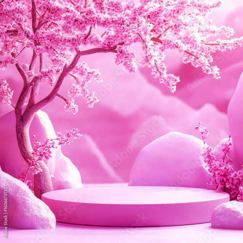 A stage composition with blossoming sakura branches against a bright background. This minimalist 3D scene conveys the harmony between nature and space. Suitable for presentation cosmetics, perfumes