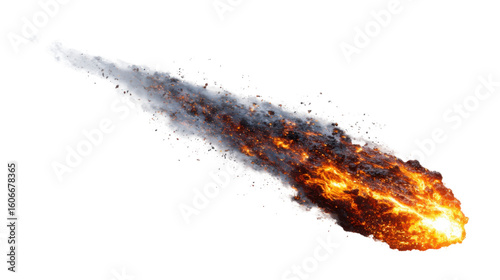 Meteorite impacting earth dramatic explosion outer space aerial view. Isolated on transparent background, png.