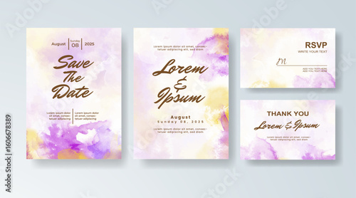 Set of Wedding invitation with abstract splash watercolor
