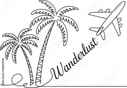 Palm trees and airplane with the word wanderlust in a travel illustration