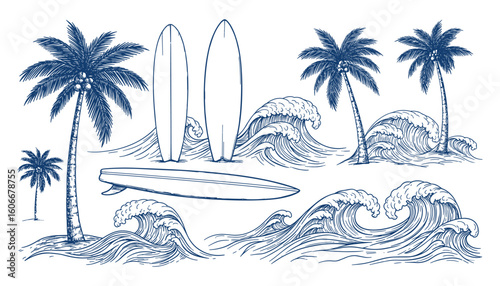 Tropical Beach Scene with Surfboards, Palms Trees, and Waves, Hand Drawn Style Vector Illustration