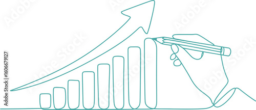 Hand drawing a rising bar graph with an upward arrow representing growth and success