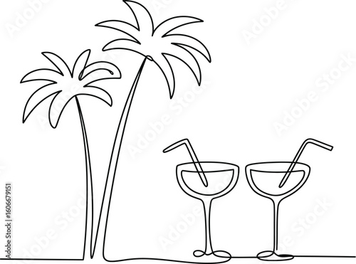 Minimalist line art of two tropical cocktails and palm trees on a white background