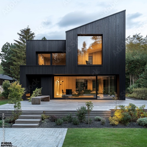 Exterior view of a modern minimalist cubic private house, villa with black walls and timber wood cladding, accompanied by a gravel pathway and well-kept landscaping in the front yard, Generative AI