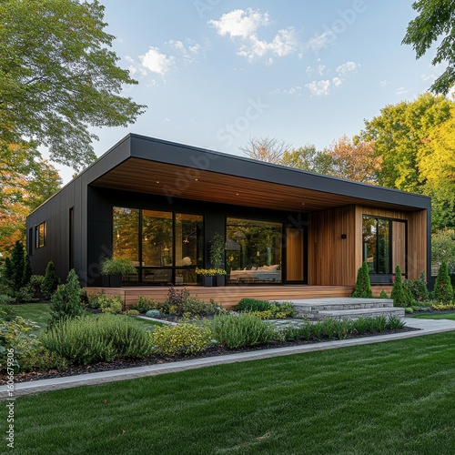 Exterior view of a modern minimalist cubic private house, villa with black walls and timber wood cladding, accompanied by a gravel pathway and well-kept landscaping in the front yard, Generative AI