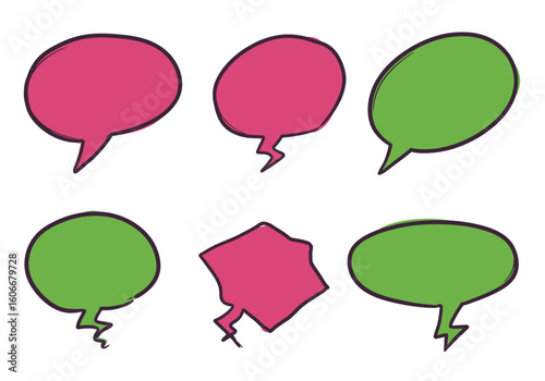 Six speech bubbles in pink and green each with a unique shape and style