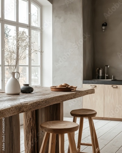 Wooden stools placed around a dining table, reflecting Scandinavian home interior design principles for a modern dining room, Generative AI