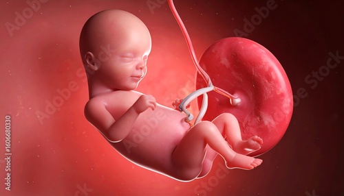 Human Fetus Illustration in Utero Showing Placenta Connection
