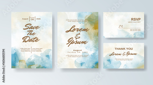Set of Wedding invitation with abstract splash watercolor