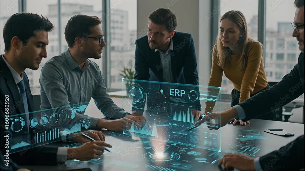 High-quality 4K footage of a diverse business team collaborating on an advanced ERP system using a futuristic holographic table display for data analysis in a modern office.