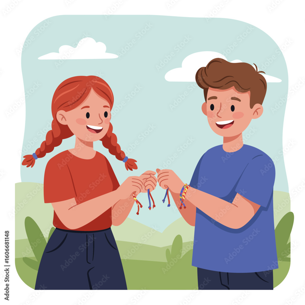 A joyful young boy and girl are shown exchanging colorful friendship bracelets, symbolizing their strong bond and shared connection outdoors. A joyful young boy and girl are shown exchanging colorful friendship bracelets, symbolizing their strong bond and shared connection outdoors.