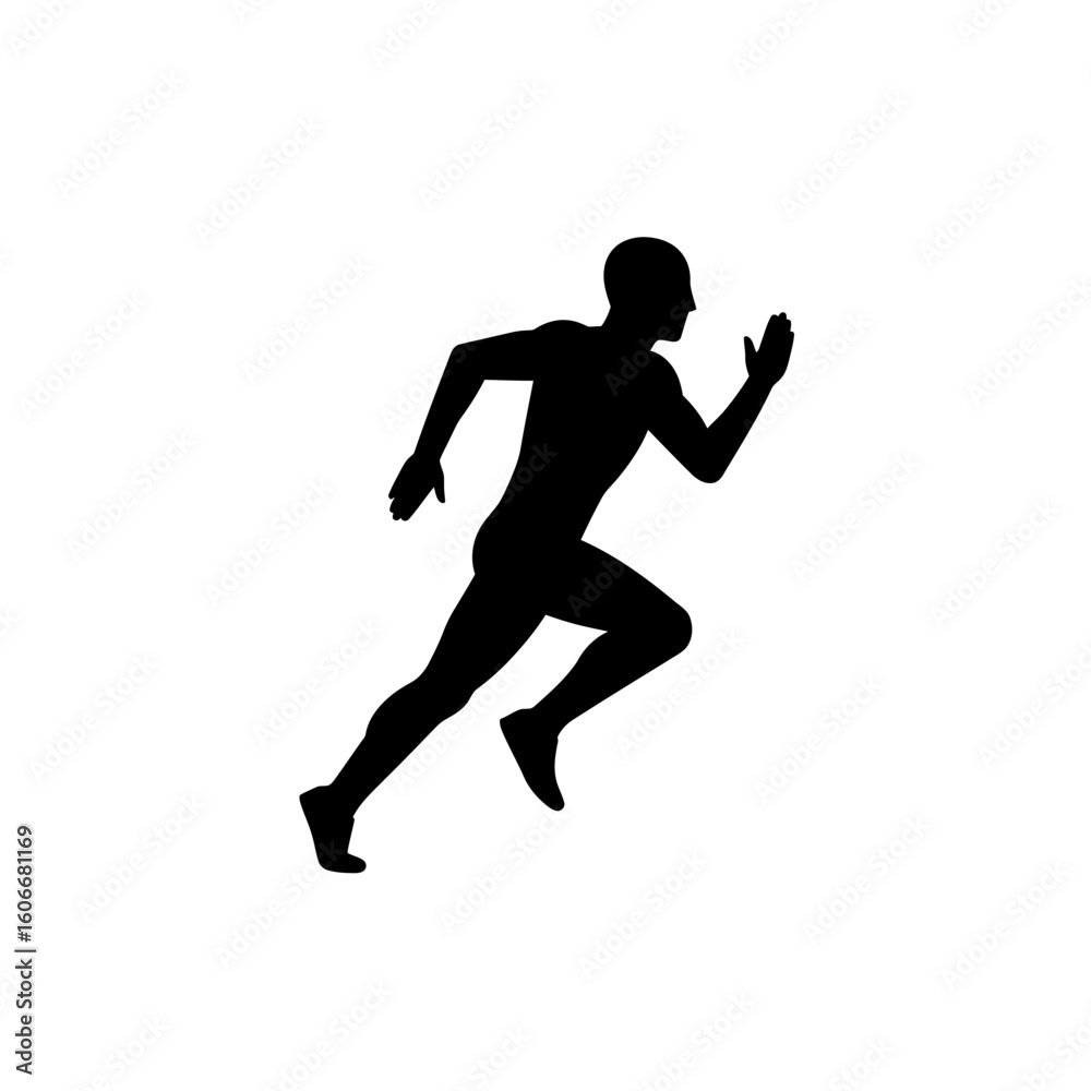 Naklejka premium A minimalist black silhouette of a running person, isolated on a stark white background, representing speed, fitness, and an active lifestyle concept.