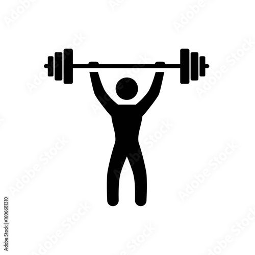 A strong person is lifting a heavy barbell above their head, a simple black pictogram on a white background, suitable for fitness, strength, and weightlifting themes.