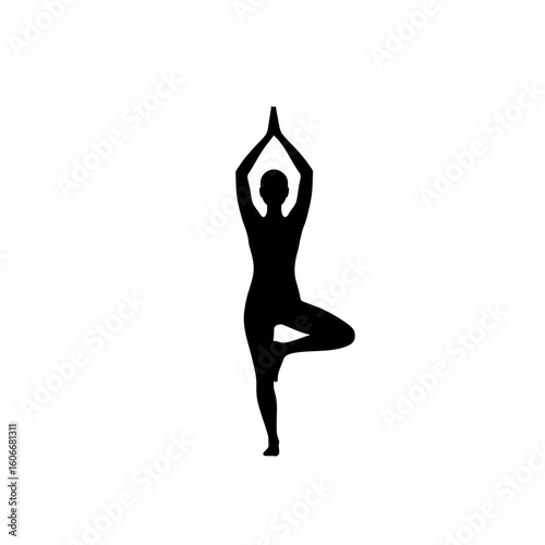Silhouette of a person in tree pose, a yoga asana, demonstrating balance, mindfulness, and healthy lifestyle on a clean white background for simplicity.