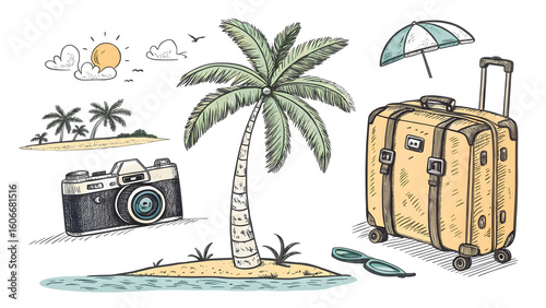 Tropical beach with palm trees, a suitcase, and the sea under a summer sky, perfect for a relaxing island vacation