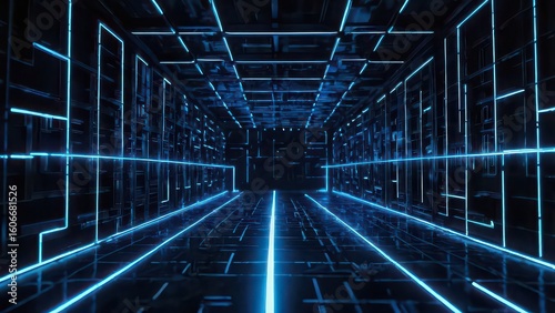A futuristic tunnel illuminated with blue neon lights creating a digital cyberspace environment