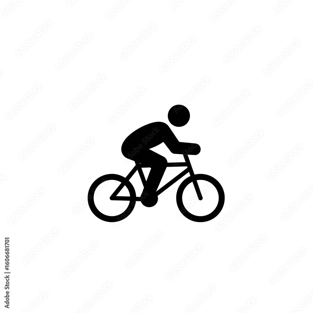 Obraz premium A simple black pictogram depicts a person riding a bicycle, representing themes of exercise, transportation, and outdoor activity on a white background.
