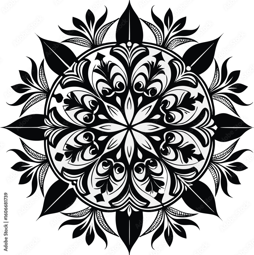 Fototapeta premium Black and white floral mandala design pattern symmetrical