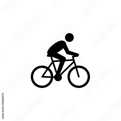 A minimalist black silhouette icon depicts a person actively riding a bicycle, symbolizing health, eco-friendly transport, and outdoor recreation.
