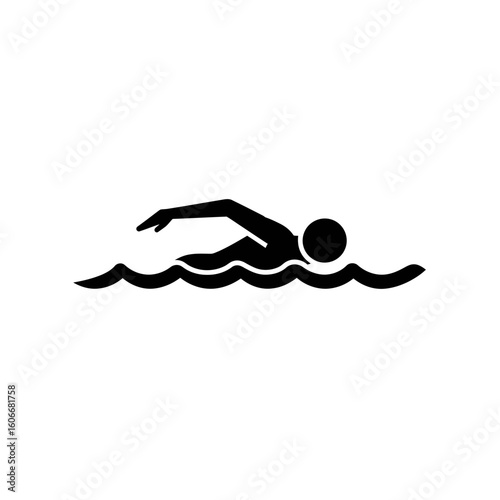 A stylized black icon depicting a person swimming the freestyle stroke in wavy water, ideal for websites, blogs, or sports-related projects needing a simple, elegant visual.