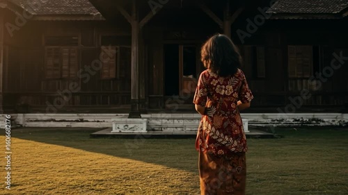 Woman in Traditional Attire Facing Historic Wooden Building