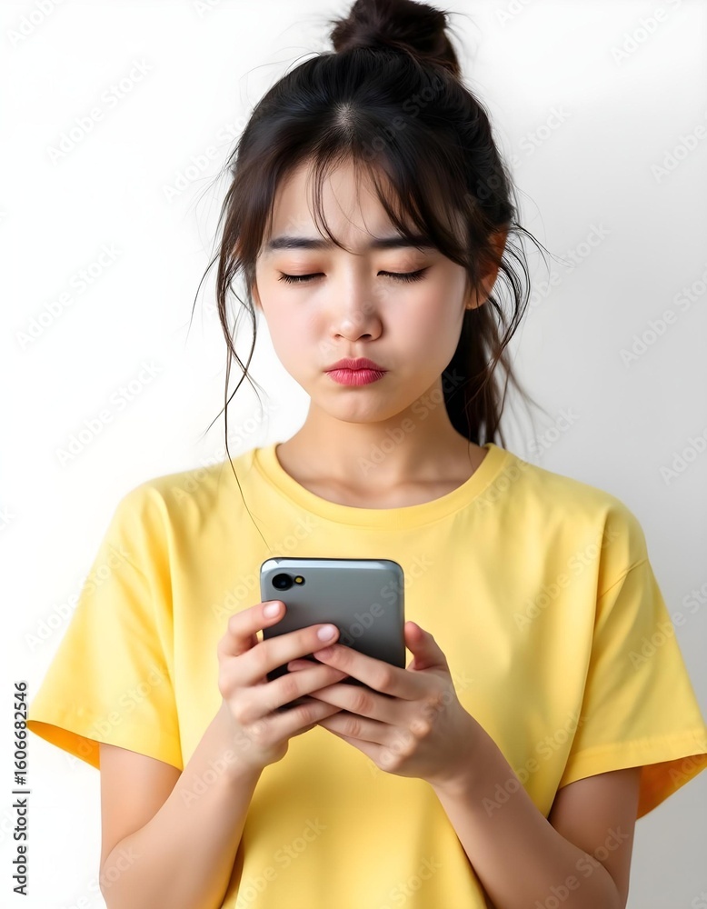 Thoughtful young woman in a yellow t-shirt looks down at her smartphone with a serious expression while browsing online. Thoughtful young woman in a yellow t-shirt looks down at her smartphone with a serious expression while browsing online.
