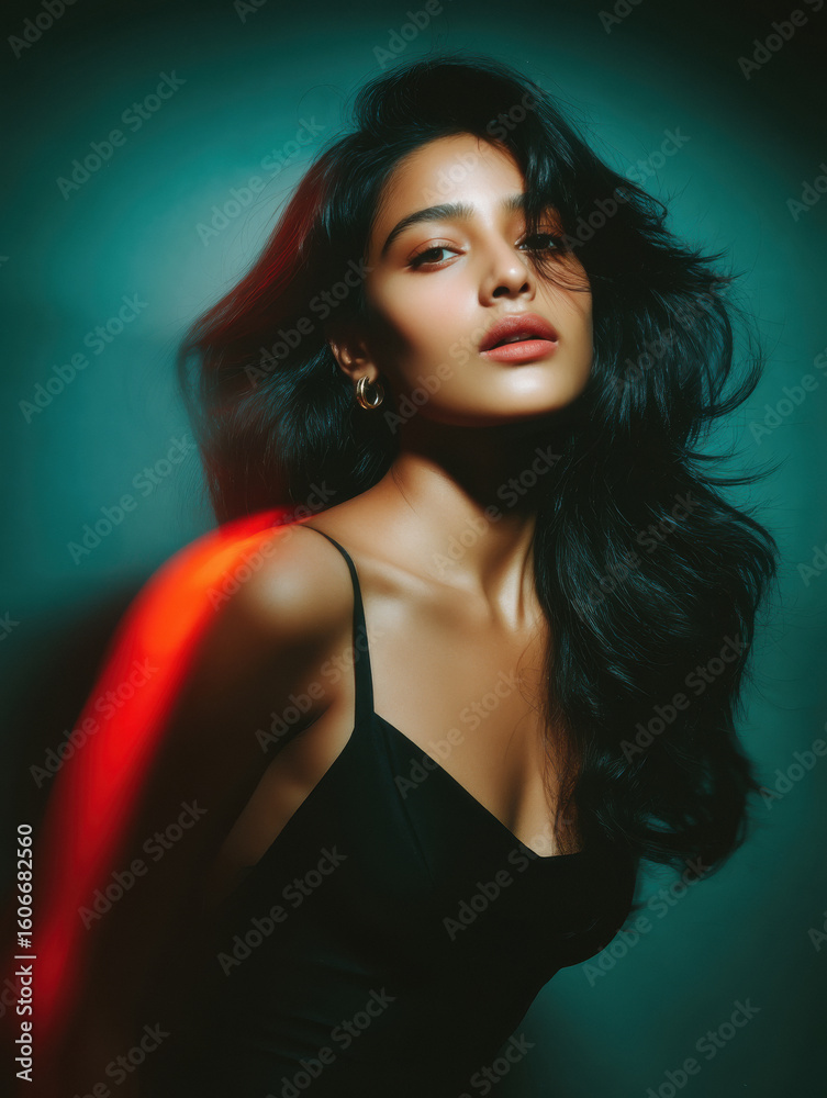 Fototapeta premium young woman wearing black dress in neon light