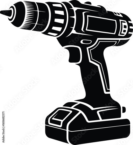 Cordless Power Drill Silhouette Vector Illustration, Transparent Background.