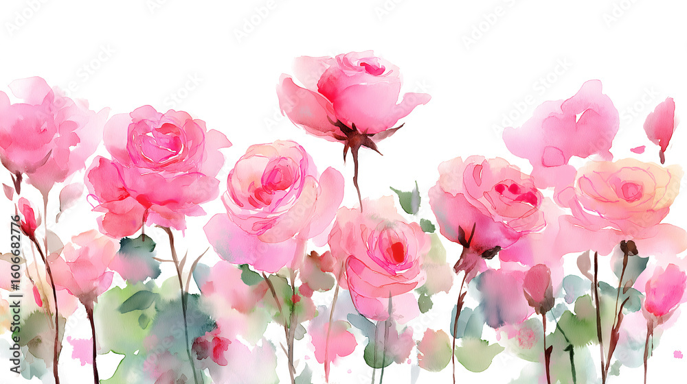 Fototapeta premium Pink watercolor roses with green leaves, hand-painted and isolated on a transparent background. Ideal for floral-themed projects, invitations, and elegant design use.