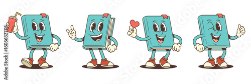 Cheerful blue book mascot in cartoon style doing playful actions like holding lemonade, showing heart, rock gesture and thumbs up. Great for educational and promotional design. Vector illustration