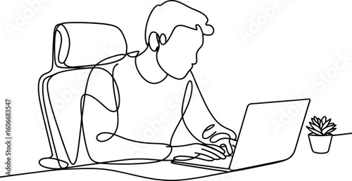 Continuous line drawing of a person working on a laptop with a plant