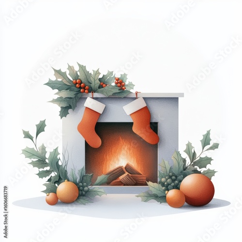 Cozy christmas fireplace adorned with festive stockings and traditional holly decorations, creating warm winter holiday celebration atmosphere for your seasonal designs