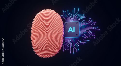 Fingerprint and AI chip connected by digital circuitry on dark background  