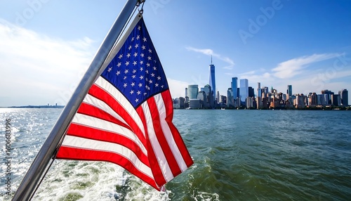 American flag waving over New York City skyline (1)