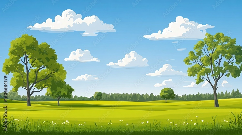 Fototapeta premium Lush green meadow landscape under a partly cloudy sky.