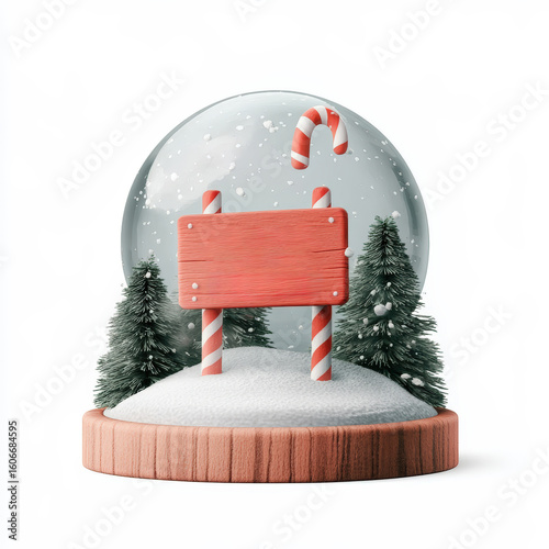 Festive christmas snow globe with blank red wooden signpost and snowy evergreen trees inside magical winter wonderland isolated on white for holiday messages.