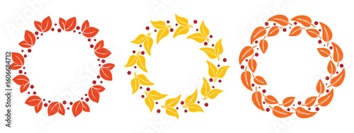 Set of autumn wreaths made of yellowed leaves and berries. Round fall border. Colorful seasonal foliage ring, vector graphic