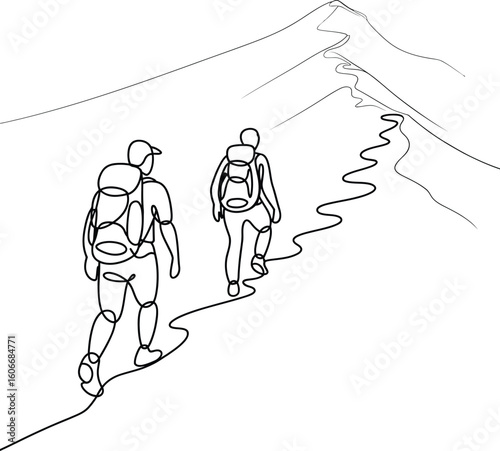 Two hikers ascend a winding mountain path towards the summit