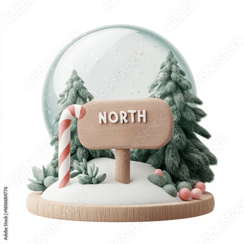 Charming christmas snow globe illustration with north sign and festive winter scene featuring pine trees and candy cane decoration