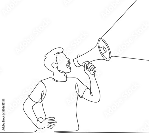 Man speaking into a megaphone with a line drawing style